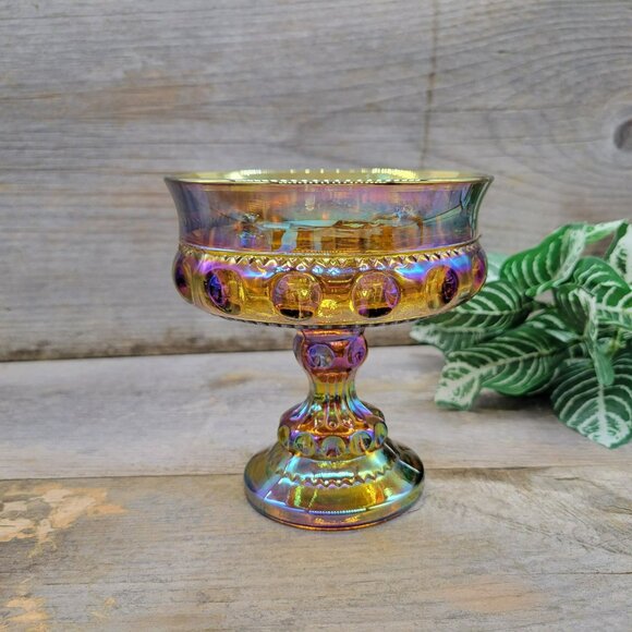 Candy Dish King's Crown Colony Marigold Carnival Glass Iridescent Compote - Picture 1 of 11